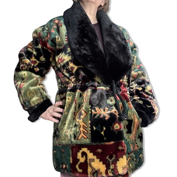 Vintage Gallery Faux Fur Patchwork Belted Coat Fur Collar Southwestern Artsy - Picture 1 of 14